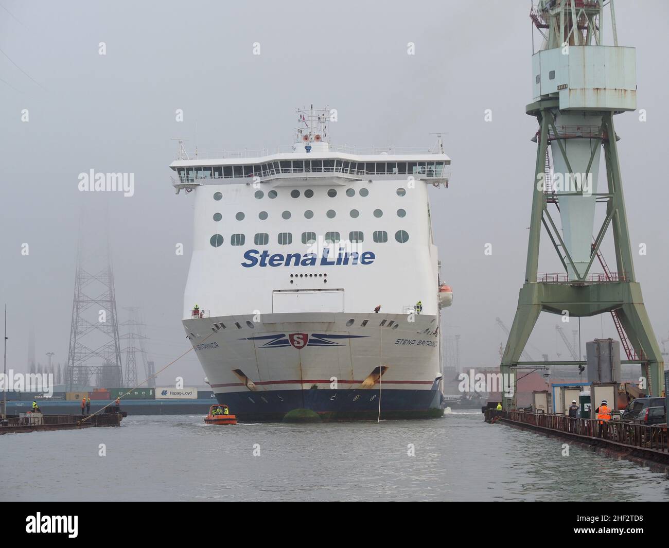 Stena Line ferry Stena Bretagna essendo manovrato in un molo asciutto nel porto di Anversa, Belgio. La piccola barca porta i cavi a riva per attac Foto Stock