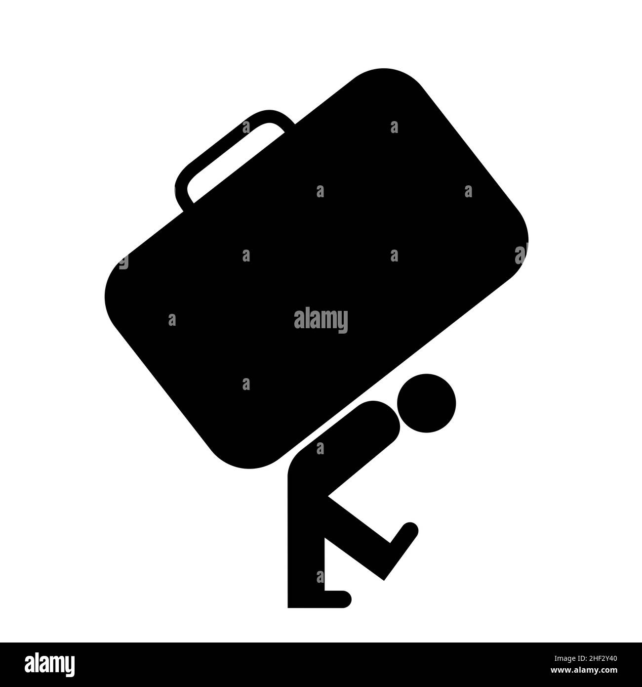 Persona con bagaglio e bagaglio - l'uomo slouching sta trasportando la valigia pesante, la cassa e il bagagliaio sul retro. Metafora di difficoltà, carico e ingombro Foto Stock