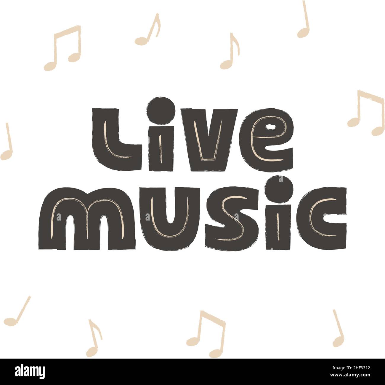 Segno di musica dal vivo con scritta per musica dal vivo e amanti dei concerti. Frase testurizzata per stampe, poster, etichette, striscioni, badge, adesivo, elemento di design. Illustrazione Vettoriale