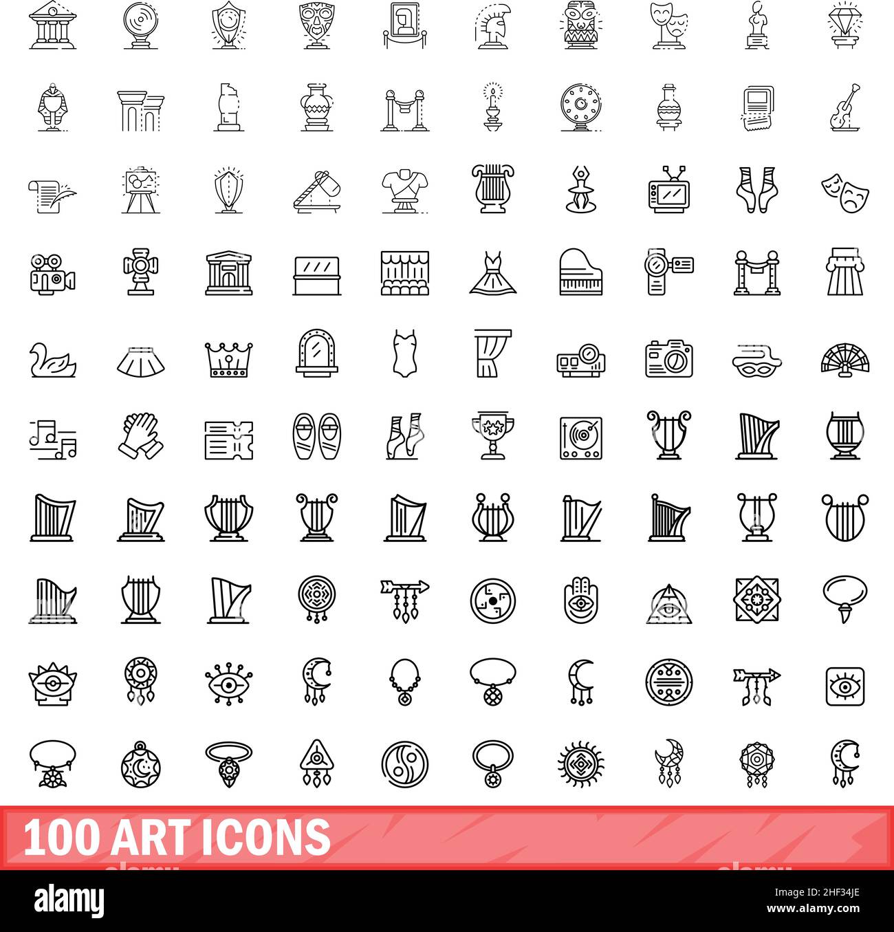 100 icone art impostate. Illustrazione di 100 icone ART insieme vettoriale isolato su sfondo bianco Illustrazione Vettoriale