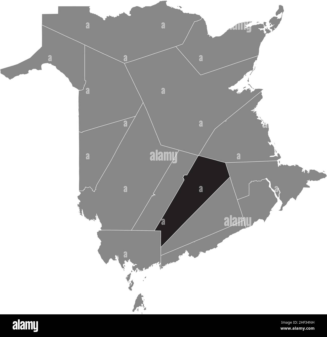 Nero piatto vuoto evidenziato mappa della posizione della QUEENS COUNTY all'interno grigio mappa amministrativa delle contee del territorio canadese di New Brunswick, Cana Illustrazione Vettoriale