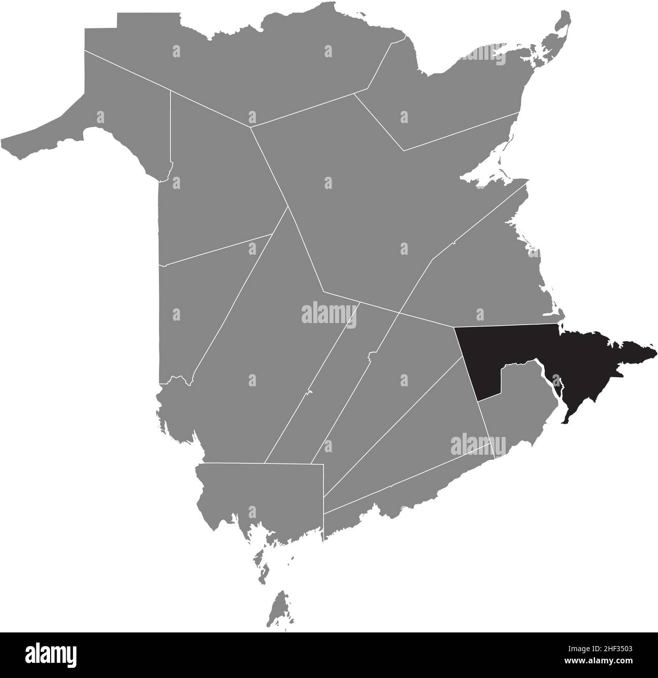 Piano nero vuoto evidenziato mappa di posizione della CONTEA DI WESTMORLAND all'interno di grigio mappa amministrativa delle contee del territorio canadese di New Brunswick, Illustrazione Vettoriale