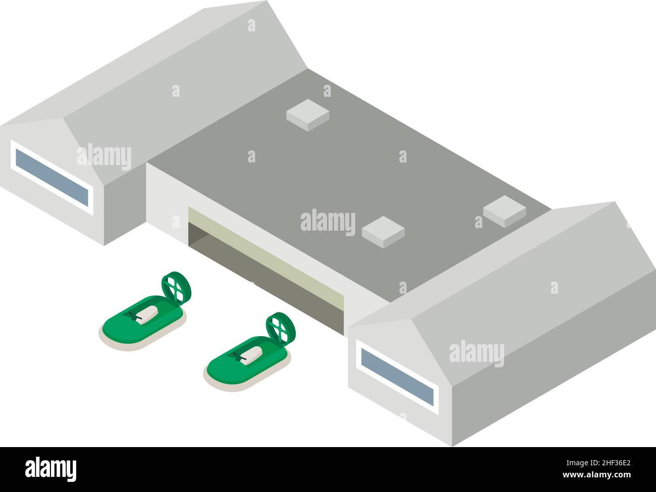 Icona del mestiere con il mouse vettore isometrico. Due moderne hovercraft verdi vicino al padiglione. Cuscino d'aria barca, hovercraft, sport acquatici Illustrazione Vettoriale