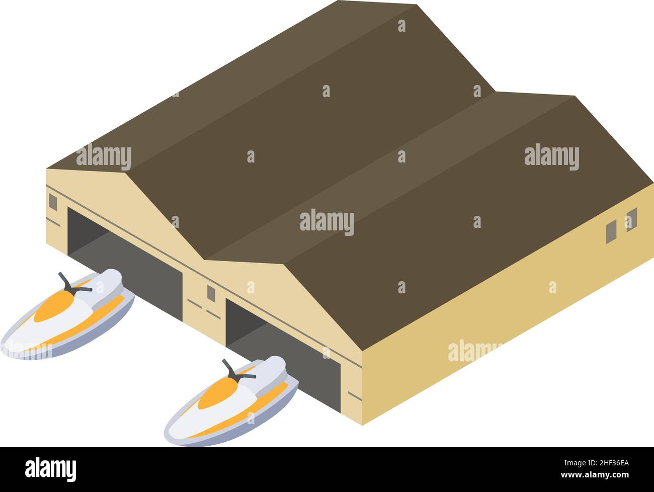 Jet ski icona vettore isometrico. Due nuovi e moderni jetski bianchi vicino al garage. Moto d'acqua, moto d'acqua, moto d'acqua, concetto di ricreazione attiva Illustrazione Vettoriale