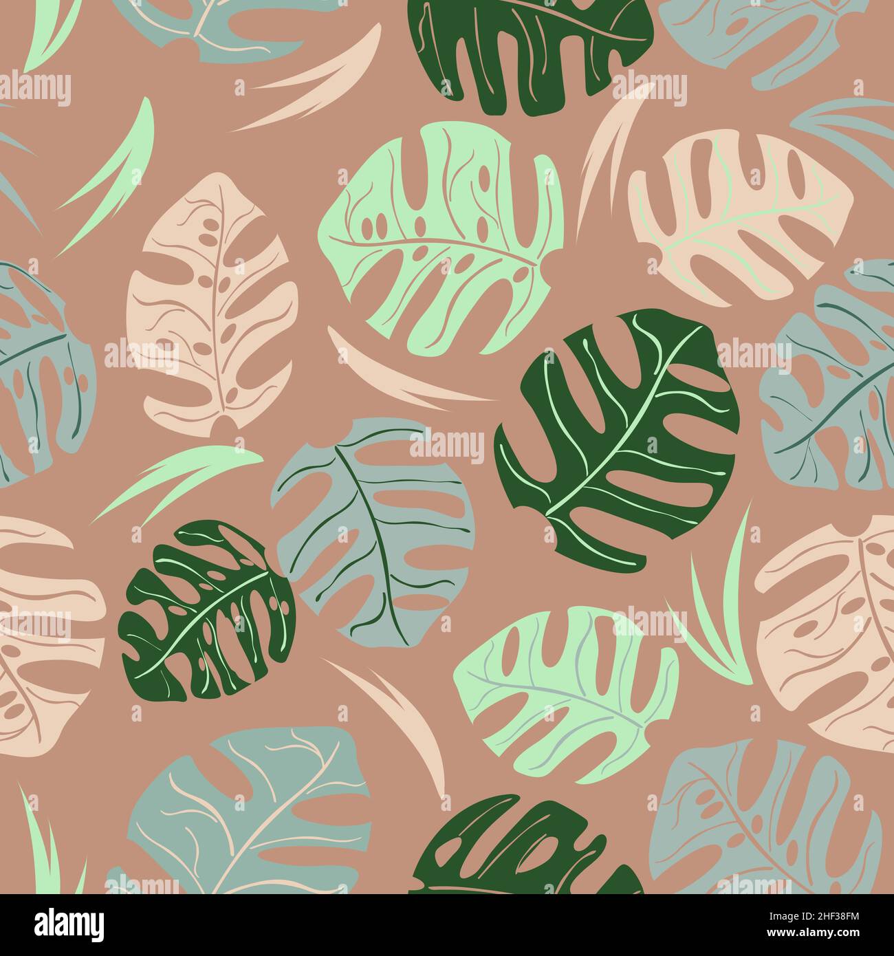 colorata manstera lascia il motivo su sfondo marrone Illustrazione Vettoriale