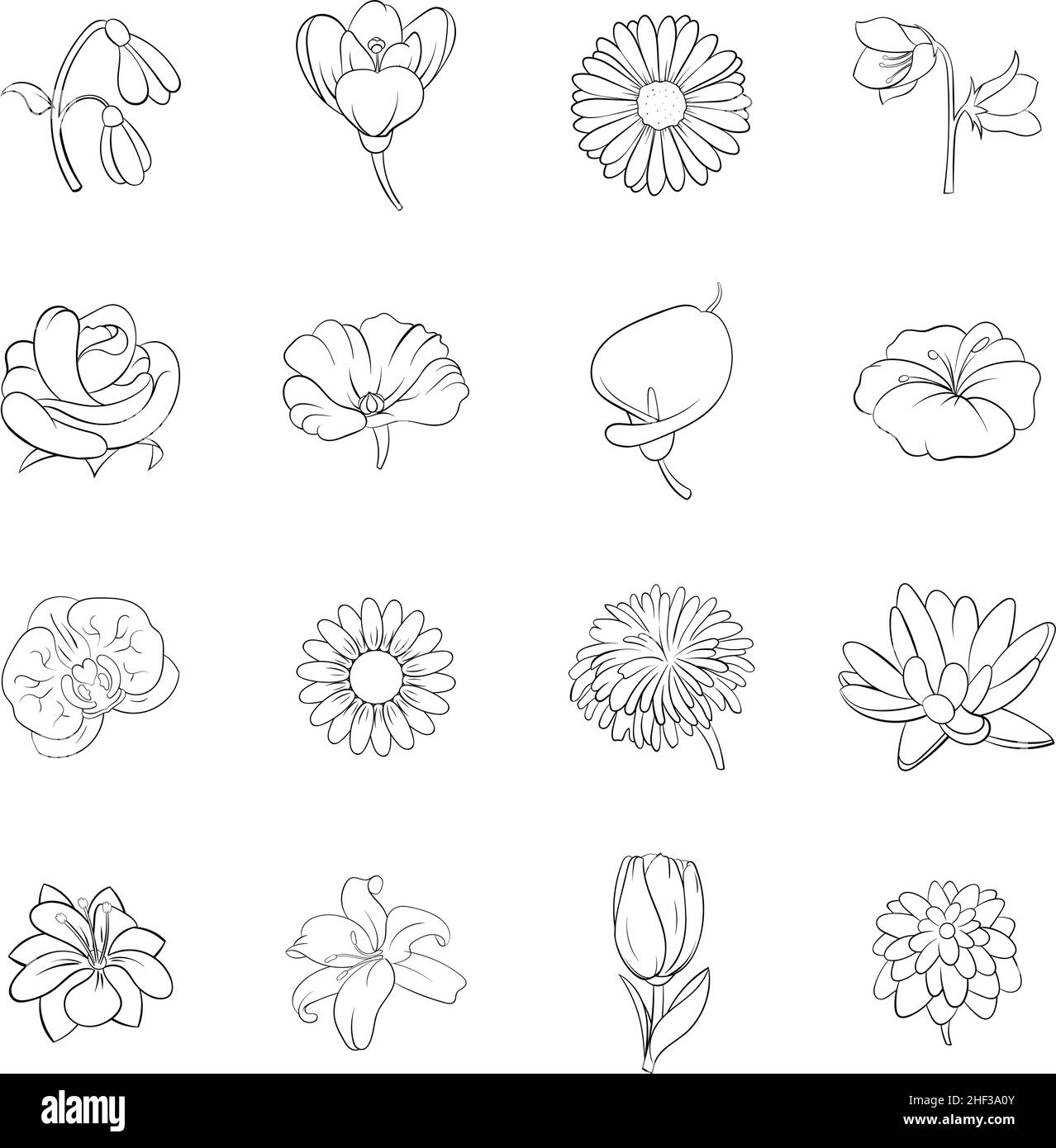 Icone dei fiori disposte in stile contorno isolate su sfondo bianco Illustrazione Vettoriale