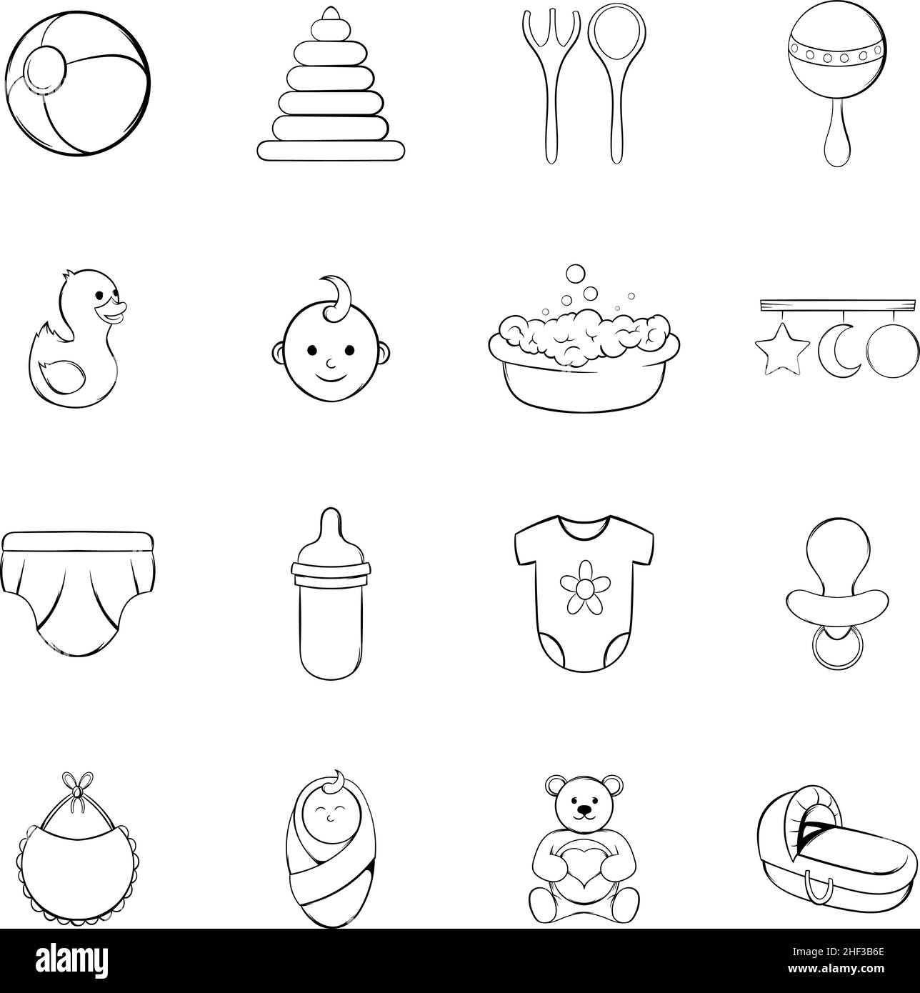 Icone del bambino impostate in stile contorno isolato su sfondo bianco Illustrazione Vettoriale