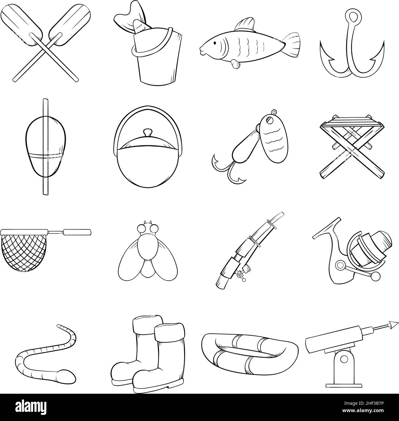 Icone di pesca disposte in stile contorno isolato su sfondo bianco Illustrazione Vettoriale