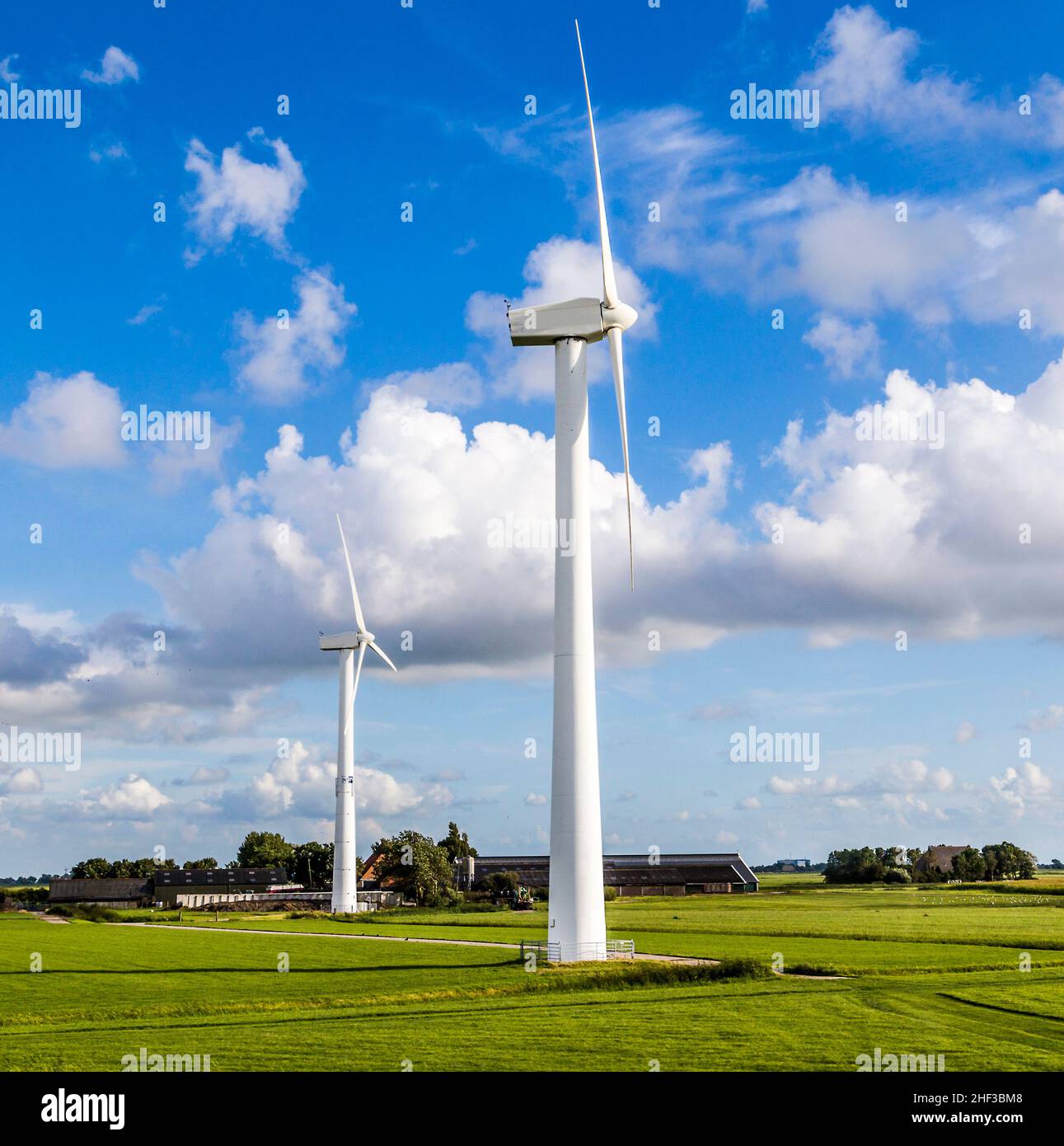 Verde prato con turbine eoliche che generano elettricità Foto Stock