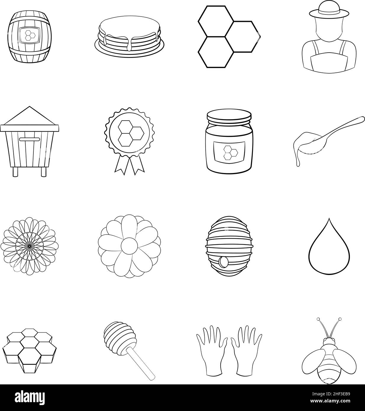 Icone delle serie apiarie in stile contorno isolate su sfondo bianco Illustrazione Vettoriale