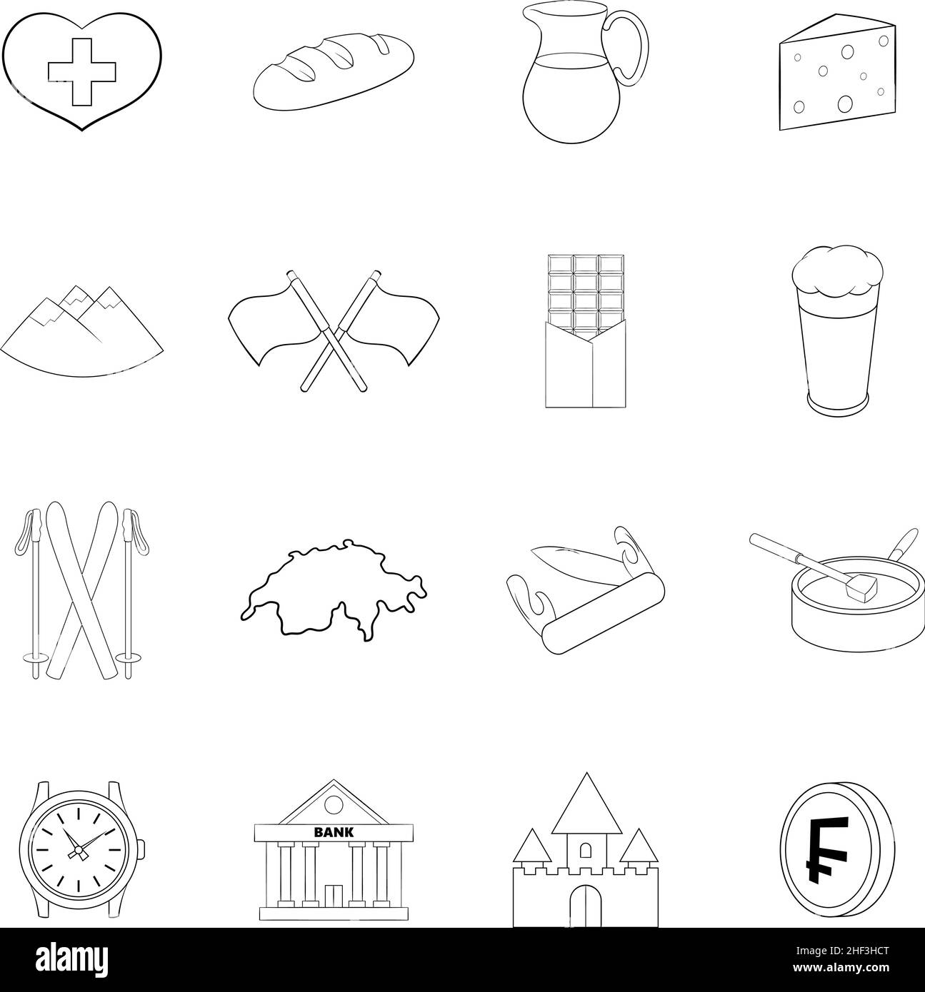 La Svizzera viaggia set icone in stile contorno isolato su sfondo bianco Illustrazione Vettoriale