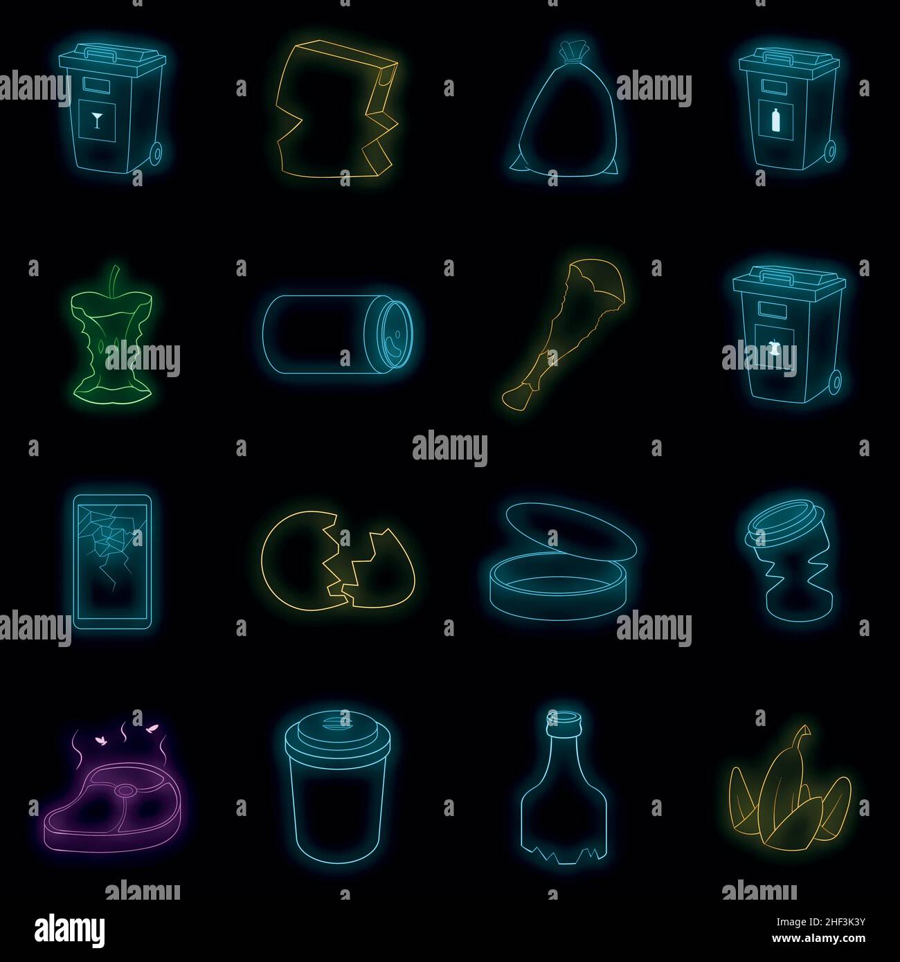 Icone degli elementi spazzatura impostate. Immagine di 16 icone vettoriali di elementi di spazzatura colore al neon nero Illustrazione Vettoriale Icone degli elementi spazzatura impostate. Immagine di 16 icone vettoriali di elementi di spazzatura colore al neon nero Illustrazione Vettoriale
