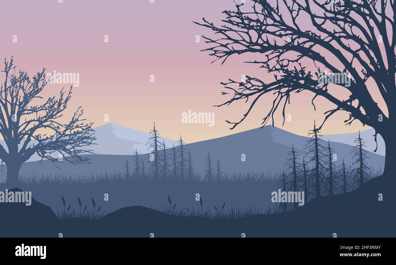 Fantastica vista sulle montagne con silhouette di alberi asciutti. Illustrazione vettoriale di una città Illustrazione Vettoriale