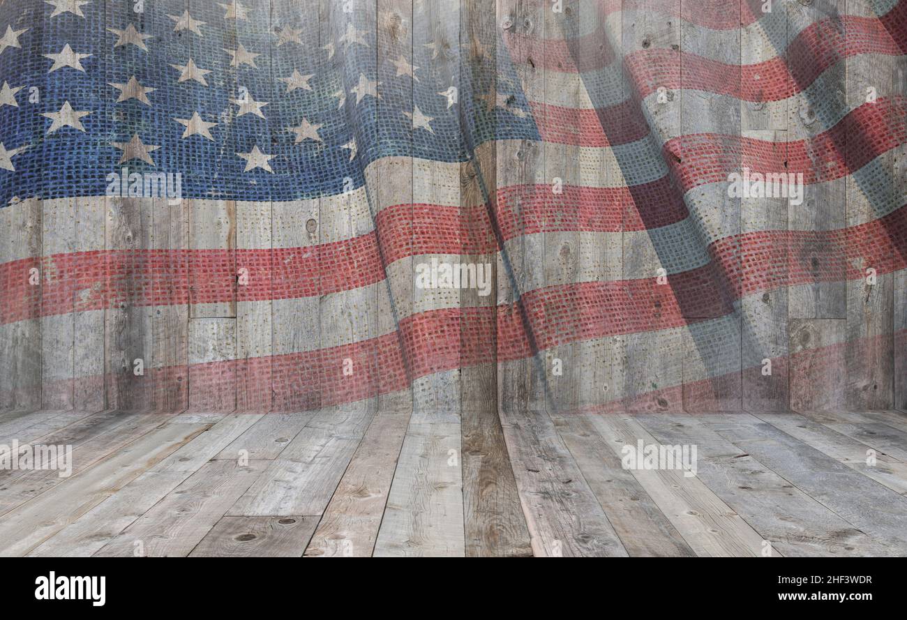 Old Vintage American Flag on Reclfinaled Wood Wall Conceptual Aged background. Foto Stock