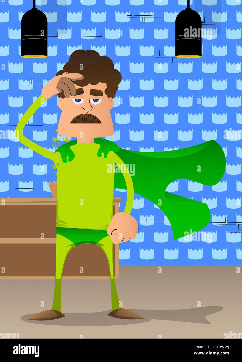 Divertente fumetto vestito come un supereroe confuso, graffiando la testa. Illustrazione vettoriale. Illustrazione Vettoriale