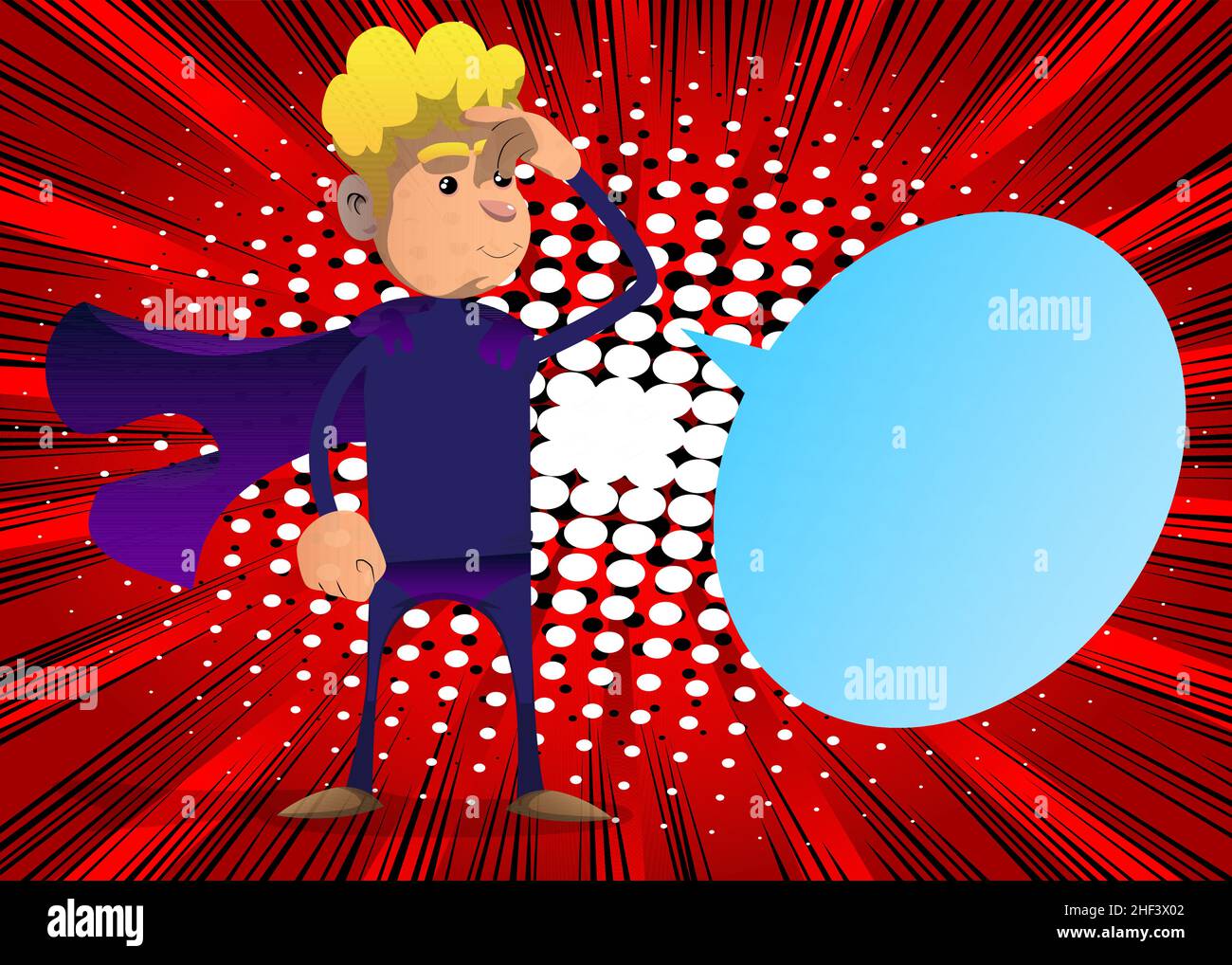 Divertente fumetto vestito come un supereroe confuso, graffiando la testa. Illustrazione vettoriale. Illustrazione Vettoriale