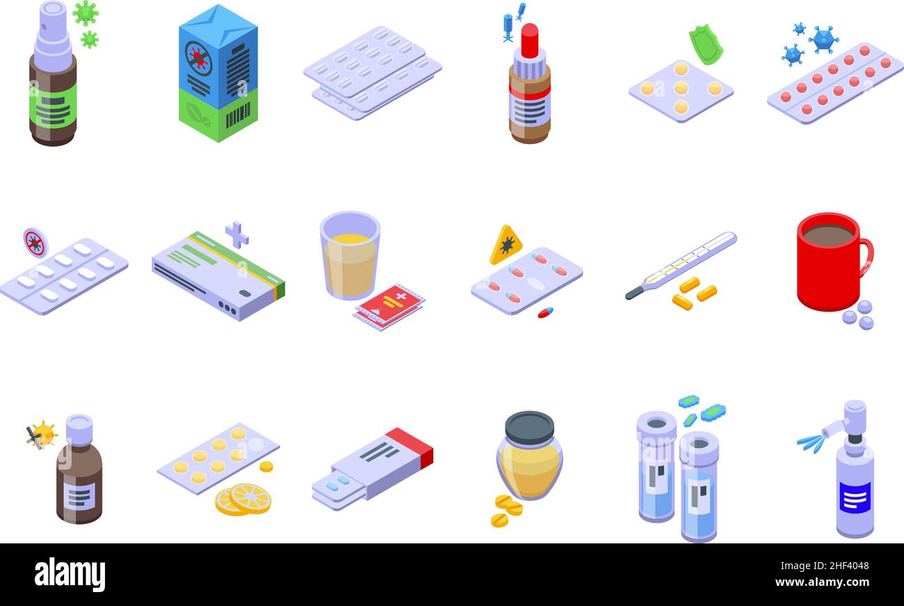 Le icone dei medicinali antivirali impostano il vettore isometrico. Siringa Covid. Corona droga Illustrazione Vettoriale