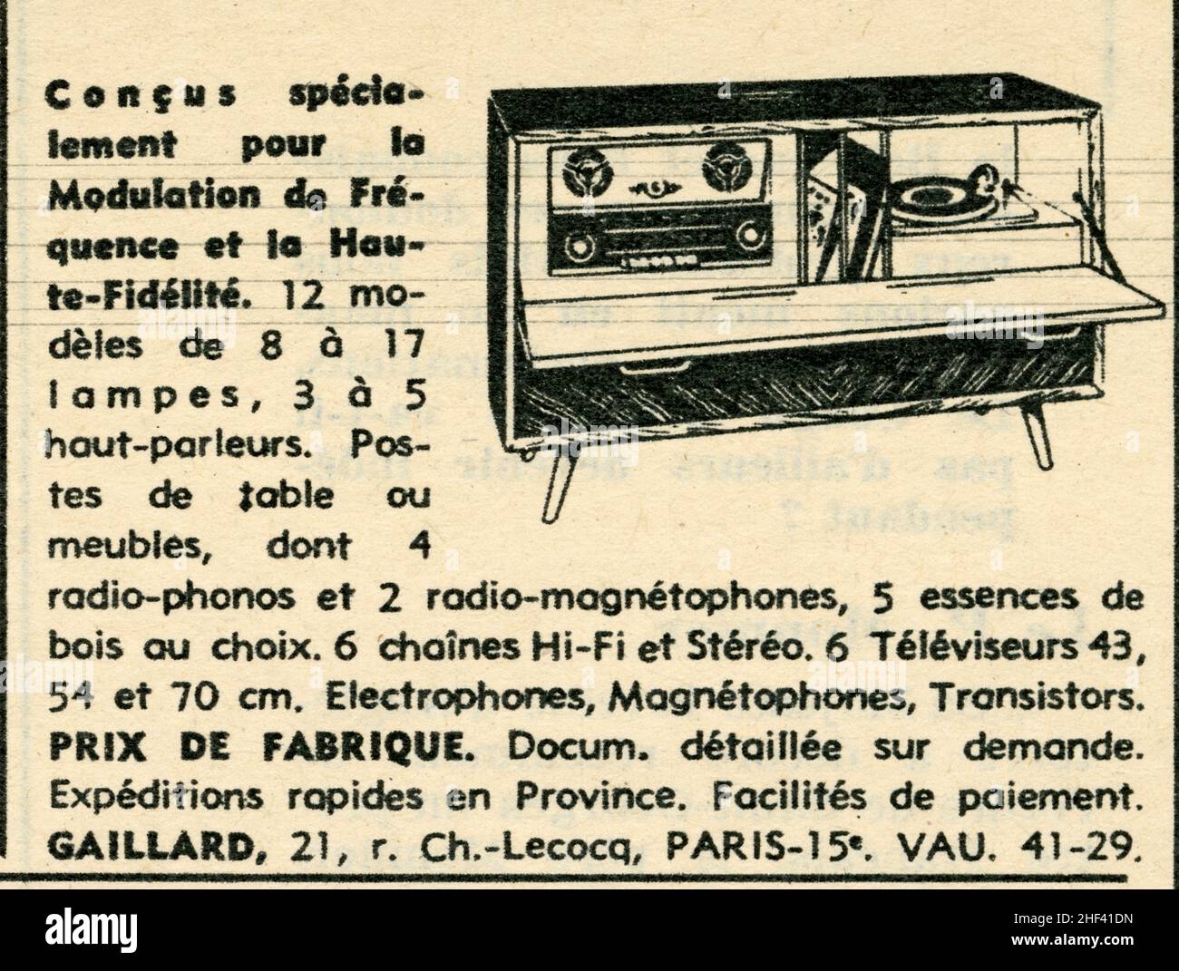 Publicité ancienne Modulation de fréquence et la Haute-Fidélité Foto Stock