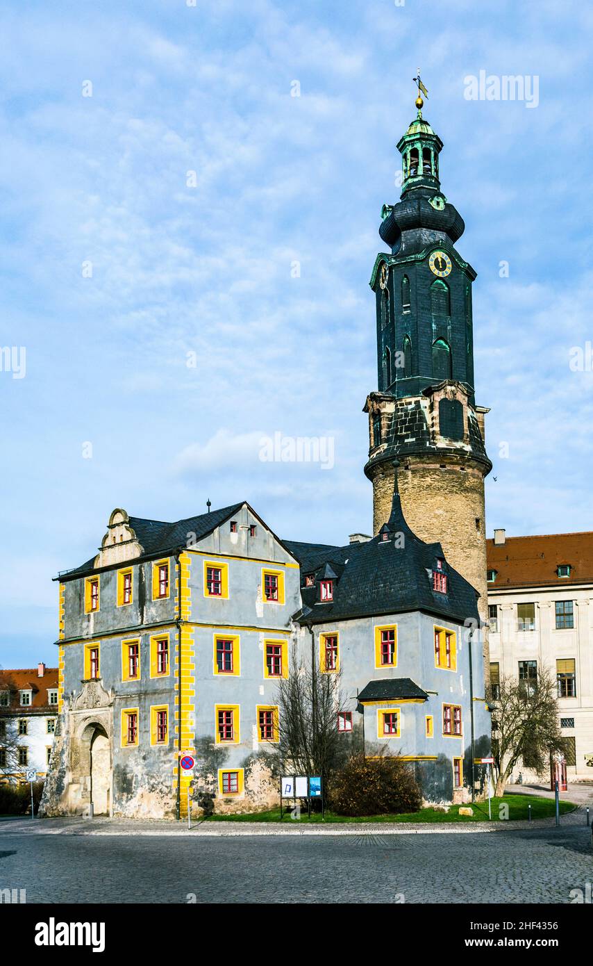 Weimar, città castello sotto il cielo blu, Germania Foto Stock