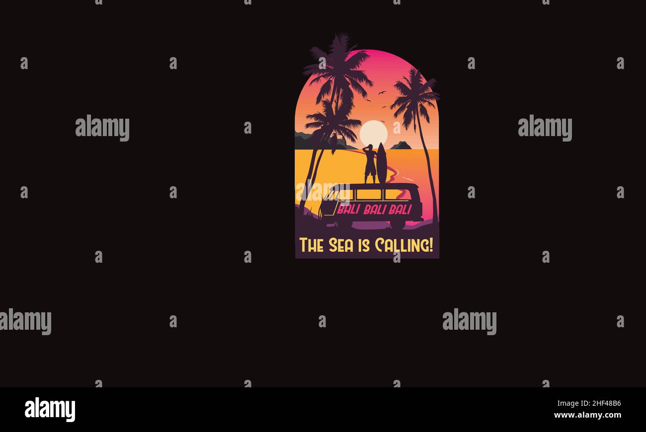 il mare sta chiamando l'uomo in piedi sul furgone che tiene la tavola da surf alla spiaggia monogramma modello di vettore di testo Illustrazione Vettoriale