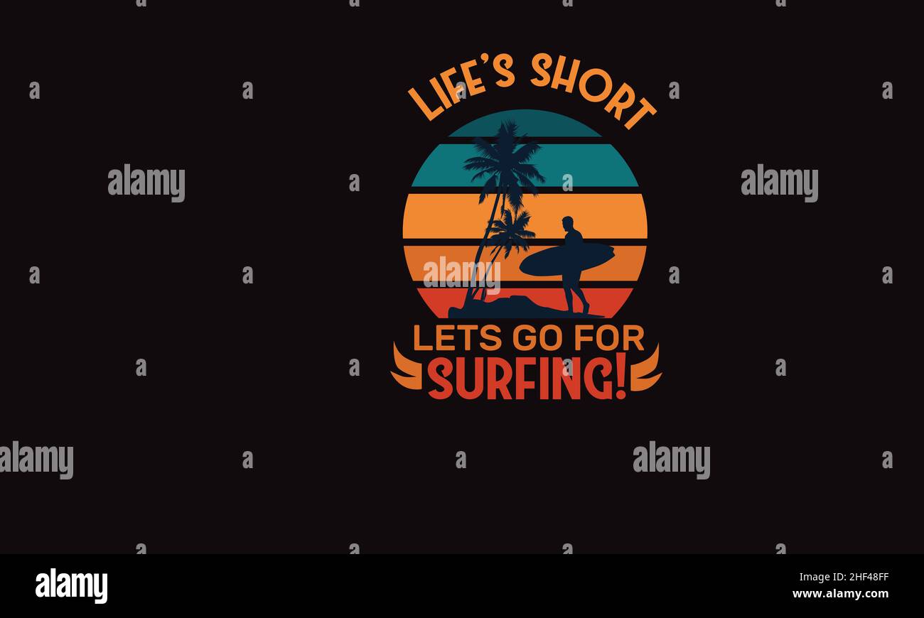 la vita è buona alle palme della spiaggia o al modello del vettore di testo del monogramma della tavola da surf Illustrazione Vettoriale