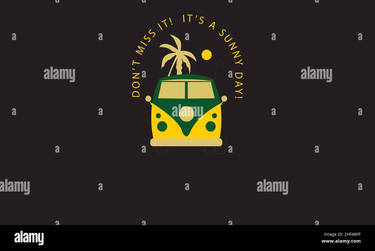 Da non perdere è un autobus di giorno soleggiato con modello vettoriale di testo con monogramma di palme Illustrazione Vettoriale