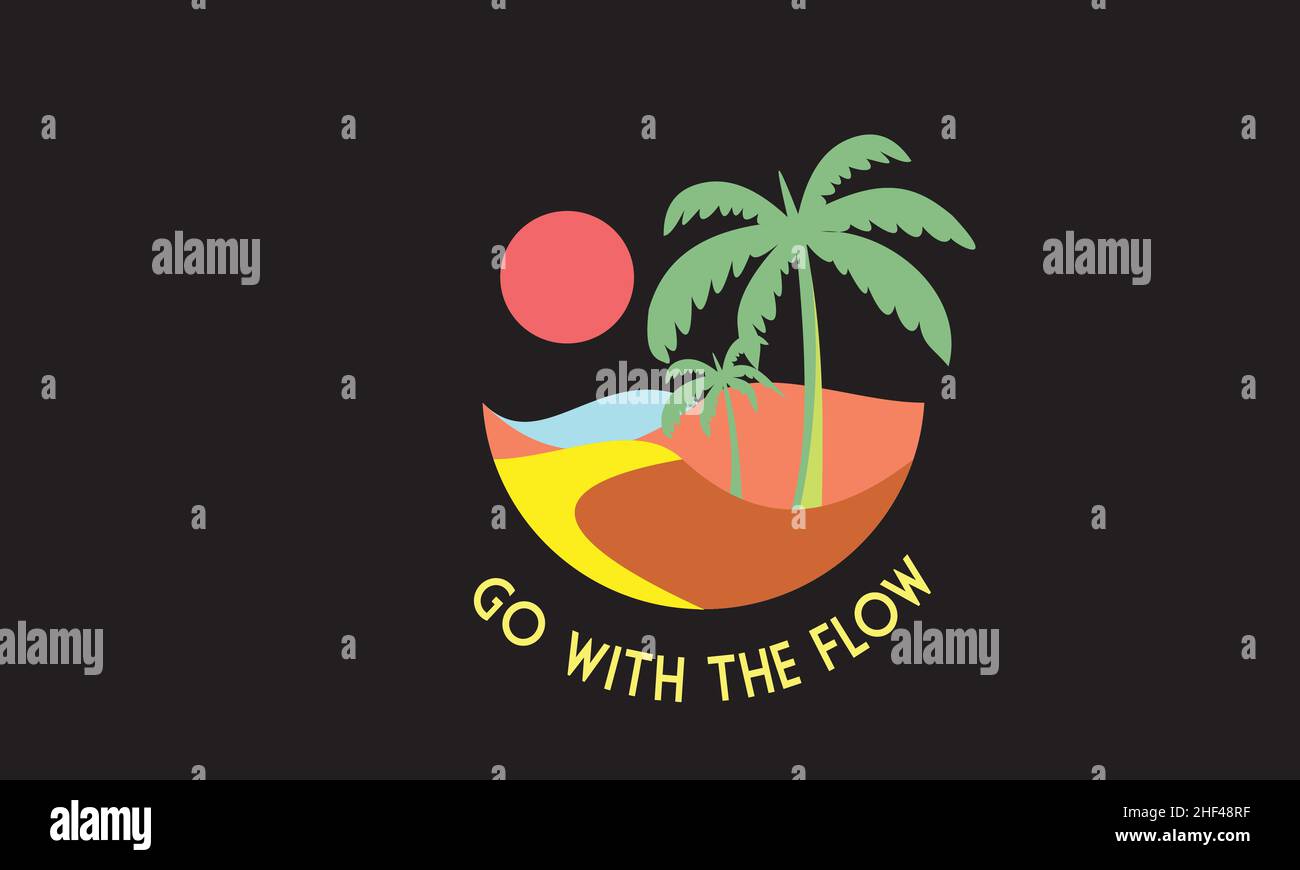 vai con il flusso sole con palme monogramma testo modello vettoriale Illustrazione Vettoriale
