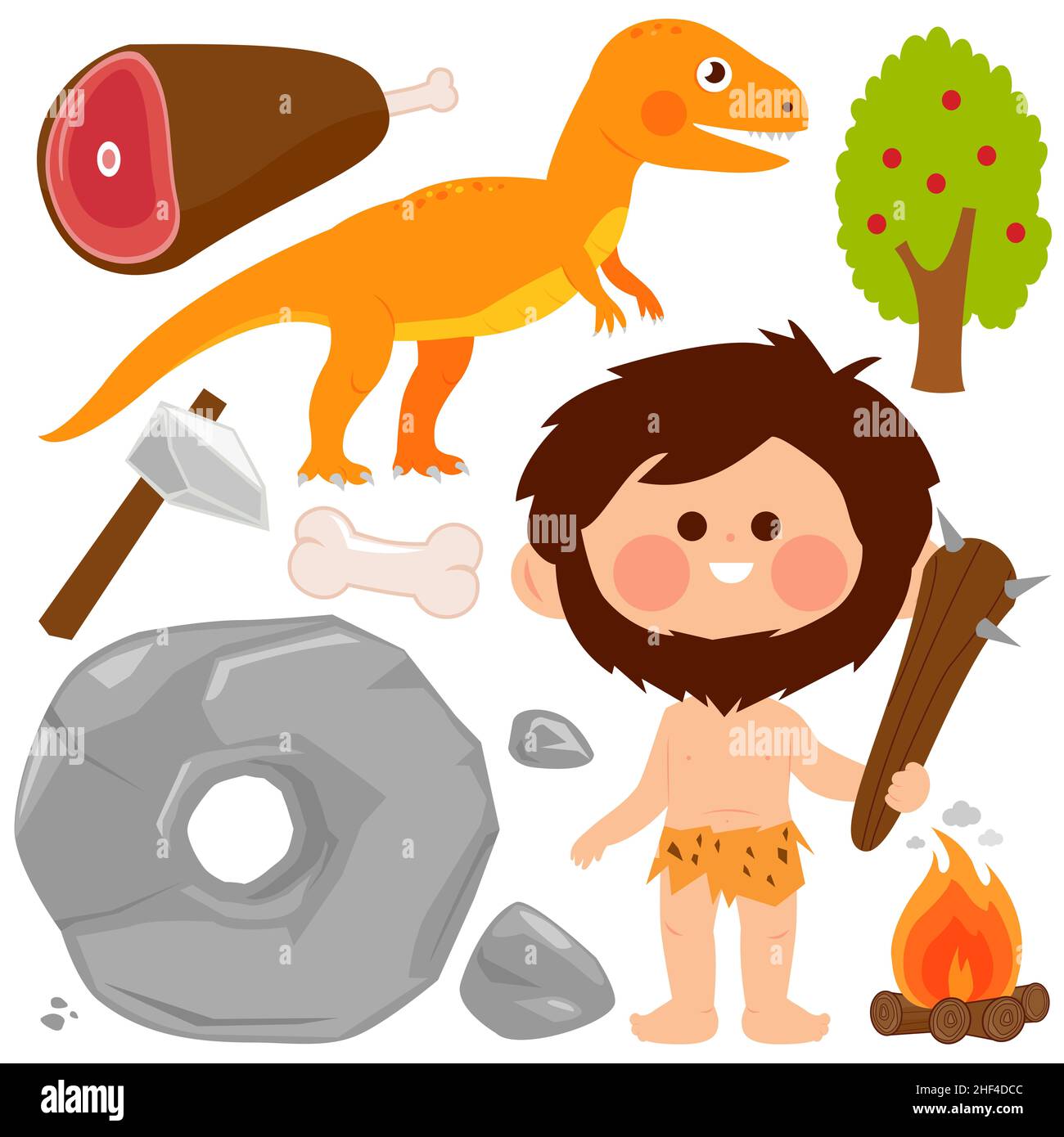 Ambientazione preistorica con un caverna, dinosauro, rocce, ruota e armi primitive. Uomo primitivo cartoni animati con strumenti in età della pietra. Foto Stock