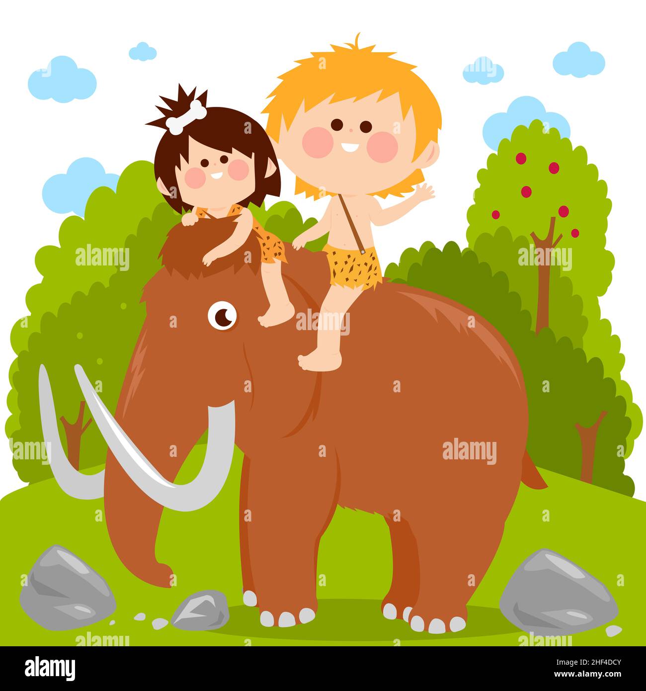 Paesaggio preistorico con due bambini di caverne, un ragazzo e una ragazza che cavalcano un mammut lanoso. Scena naturalistica, paesaggio preistorico con i bambini dei cartoni animati. Foto Stock
