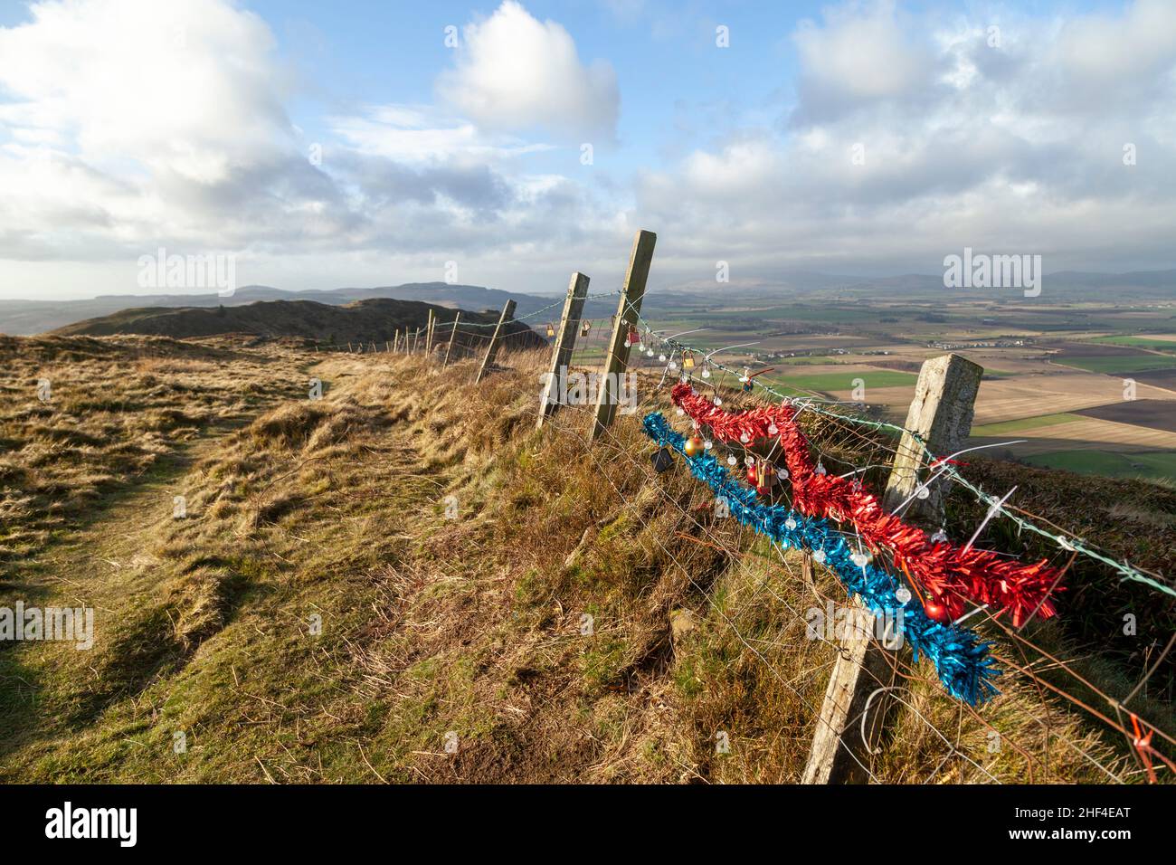 Tinsel di plastica aggiunto a una recinzione in cima a Benarty Hill, Fife Foto Stock