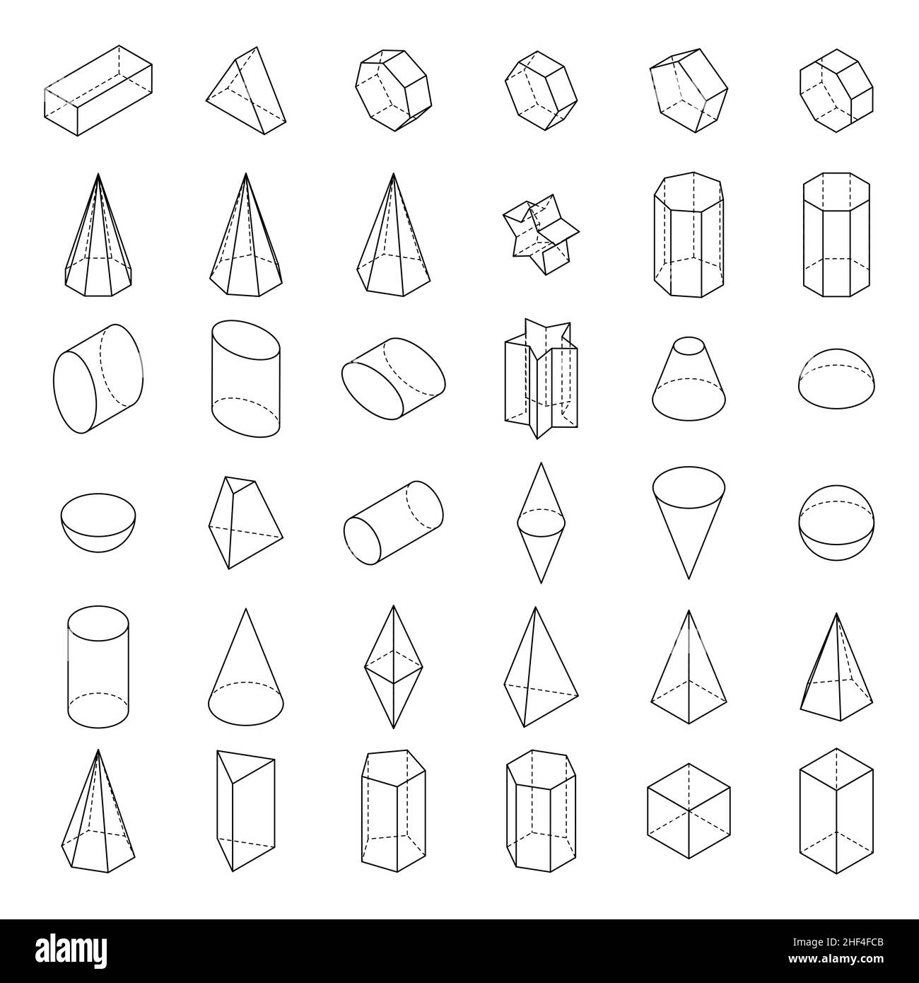 Set di 3D forme geometriche. Forme isometriche di base. Oggetti lineari per matematica, scuola e scienza. Illustrazione vettoriale isolata su sfondo bianco. Illustrazione Vettoriale