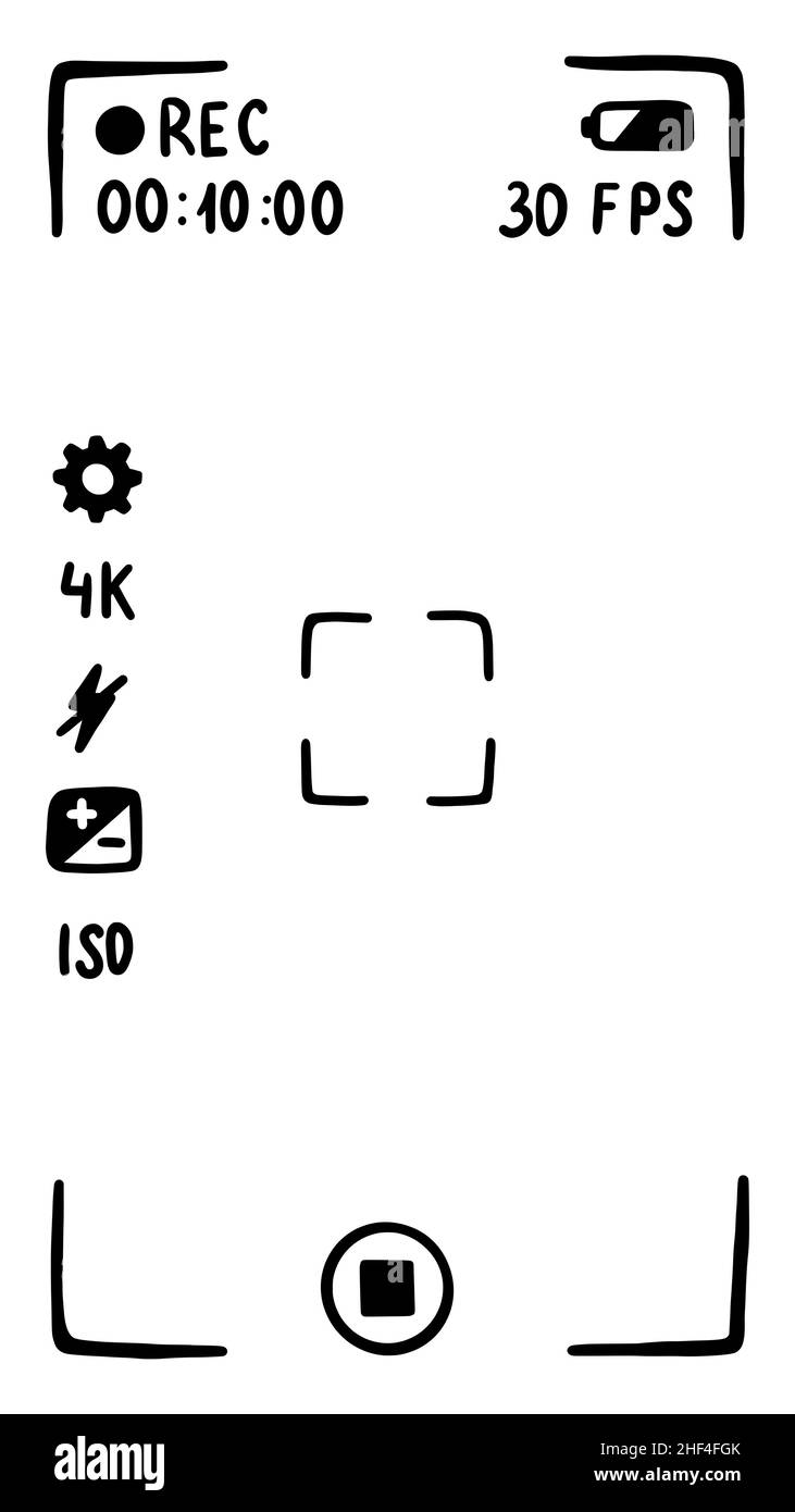 Interfaccia dell'applicazione mirino della fotocamera sullo smartphone, schermo. Modalità filmato. Schizzo di stile Doodle. Illustrazione vettoriale. Illustrazione Vettoriale
