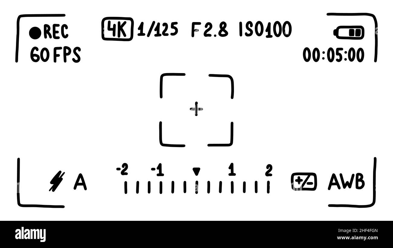 Interfaccia del mirino della fotocamera, schermo. Modalità filmato. Schizzo di stile Doodle. Illustrazione vettoriale. Illustrazione Vettoriale