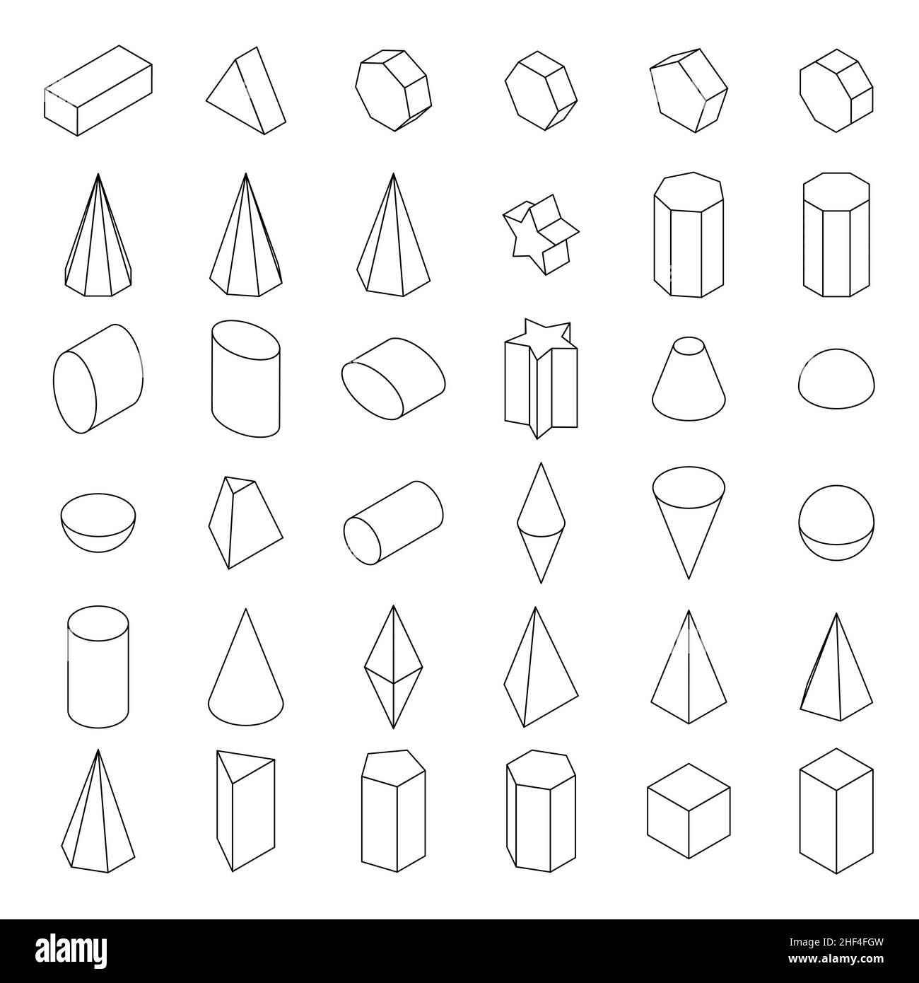 Set di 3D forme geometriche. Vista isometrica. Forme lineari per l'istruzione, la geometria e la matematica. Illustrazione vettoriale isolata su sfondo bianco. Illustrazione Vettoriale