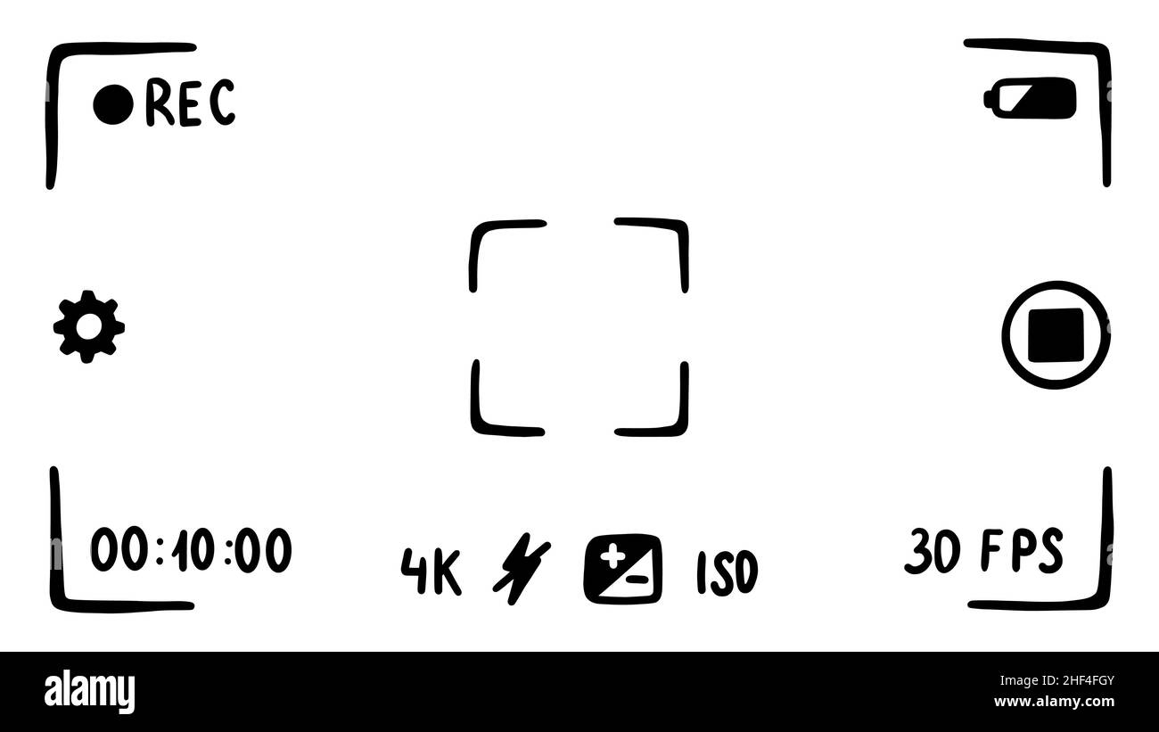 Interfaccia dell'applicazione mirino della fotocamera sullo smartphone, schermo. Modalità filmato. Schizzo di stile Doodle. Illustrazione vettoriale. Illustrazione Vettoriale
