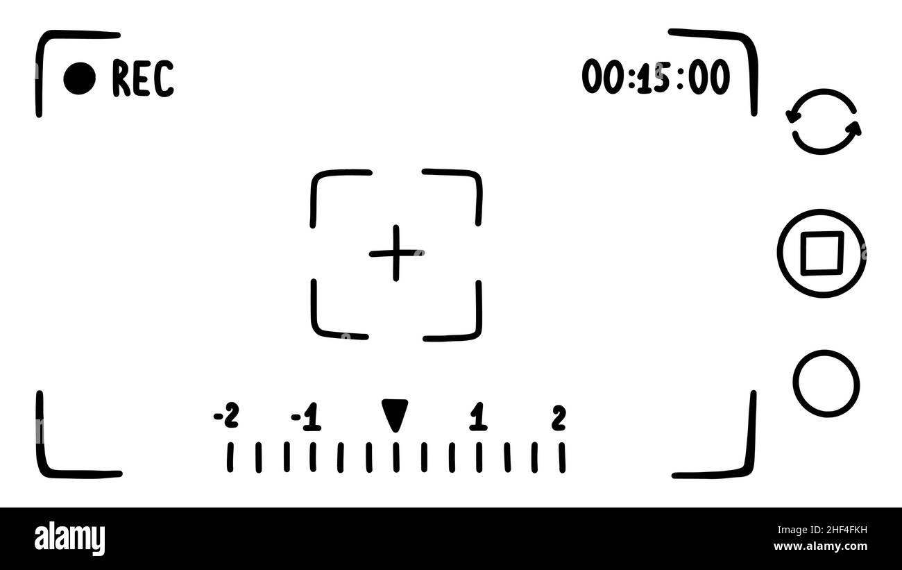 Interfaccia dell'applicazione mirino della fotocamera sullo smartphone, schermo. Modalità filmato. Schizzo di stile Doodle. Illustrazione vettoriale. Illustrazione Vettoriale