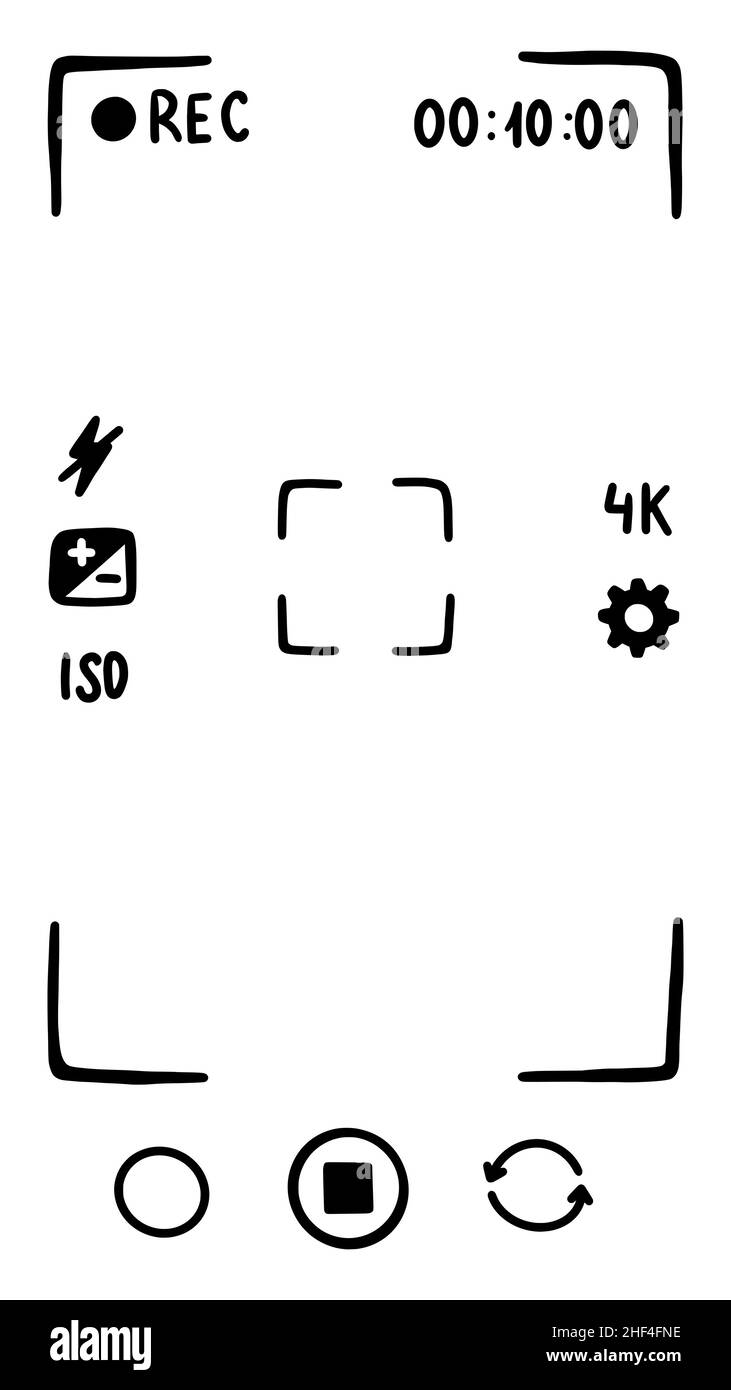 Interfaccia dell'applicazione mirino della fotocamera sullo smartphone, schermo. Modalità filmato. Schizzo di stile Doodle. Illustrazione vettoriale. Illustrazione Vettoriale