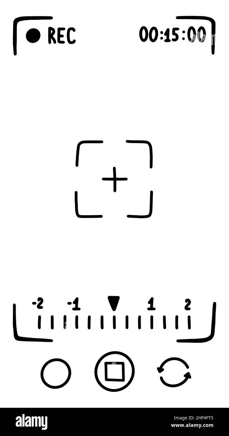 Interfaccia dell'applicazione mirino della fotocamera sullo smartphone, schermo. Modalità filmato. Schizzo di stile Doodle. Illustrazione vettoriale. Illustrazione Vettoriale