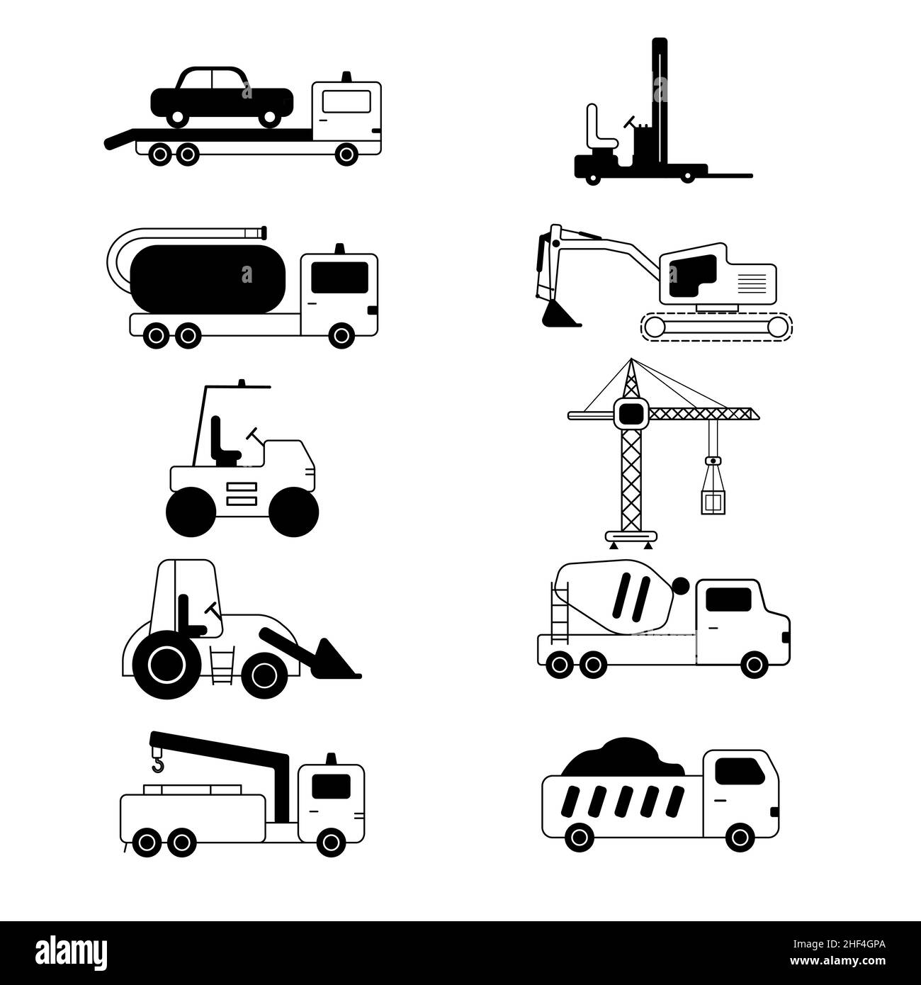 Set di veicoli speciali. Stile semplice in bianco e nero. Illustrazione Vettoriale