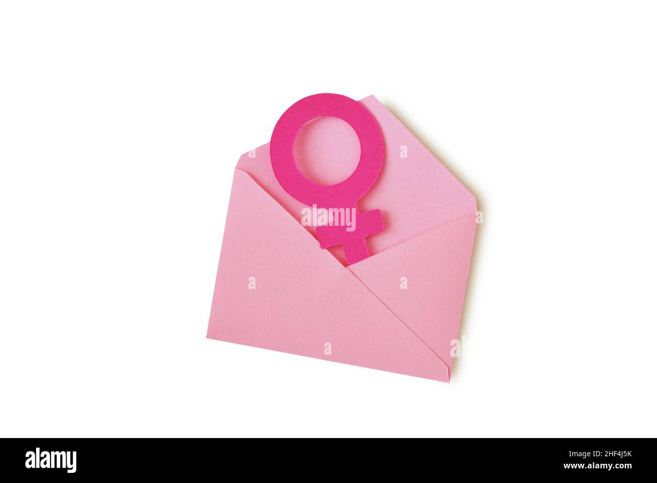Busta rosa con simbolo di sesso femminile su sfondo bianco - Love Concept Foto Stock