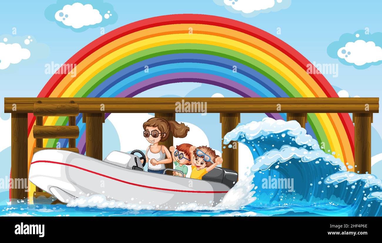 Una donna che guida un motoscafo con l'arcobaleno nel cielo sfondo illustrazione Illustrazione Vettoriale
