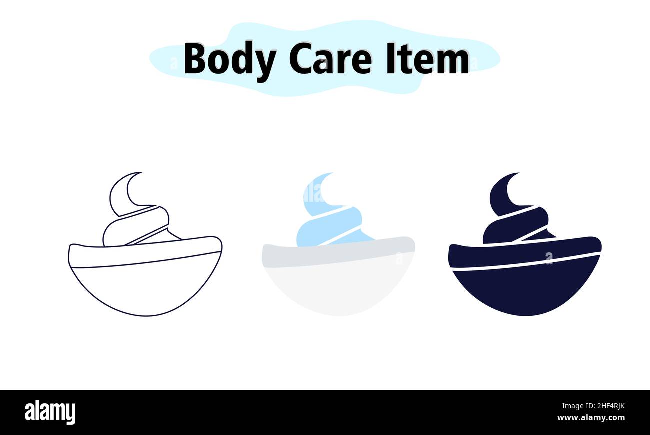 Bicchiere di vetro con crema per il viso o schiuma da barba. Cura del corpo. Illustrazione vettoriale a colori, solida e lineare su sfondo bianco. Illustrazione Vettoriale