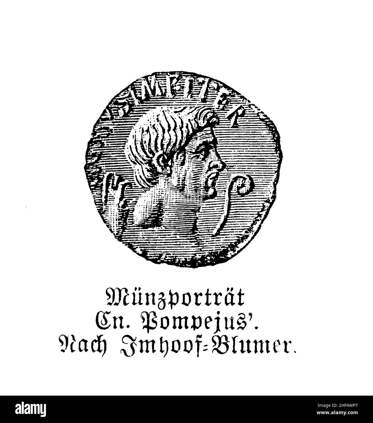 Antica moneta con la testa del console romano Pompeo Foto Stock
