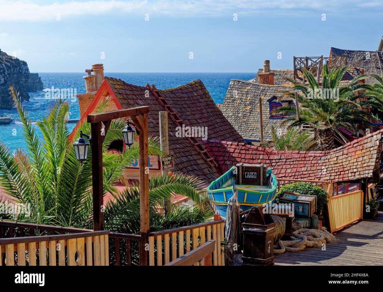 Malta - Popeye Village a Anchor Bay - Sweethaven Village. 1st del febbraio 2016 Foto Stock