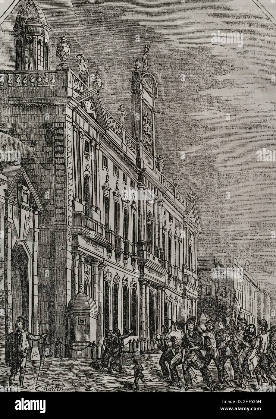 Storia della Spagna. Catalogna. Prima Guerra Carlista (1833-1840). Rivolte anticlericali del 1835. Rivoluzioni contro gli ordini religiosi che hanno avuto luogo a seguito del loro sostegno al lato carlista. Barcellona. Dopo i disordini anticlericali, i bullangas e l'assassinio del generale bassa nel 1835, la città di Barcellona conquistò uno stato di anarchia. Le autorità inviarono milizie e soldati per bandire le rivolte e gli atti di saccheggio. Tentativo di rapina del Palazzo doganale. Illustrazione di Martín. Incisione di Chamorro. Panorama Español, Crónica Contemporánea. Volume III. Madrid, 1845. Foto Stock