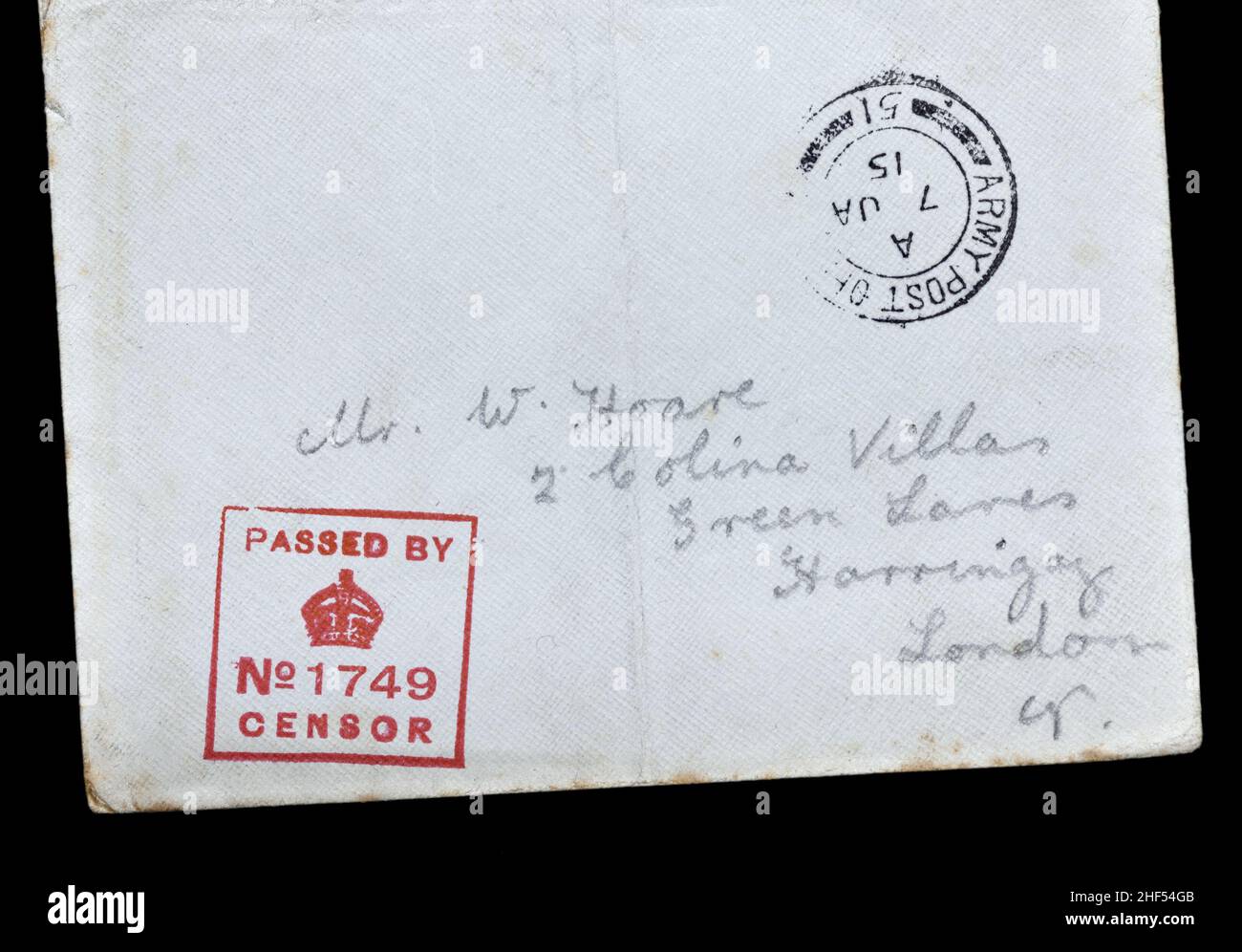Lettera inviata durante la prima guerra mondiale con un timbro per dimostrare che è stato passato dai censori. Foto Stock