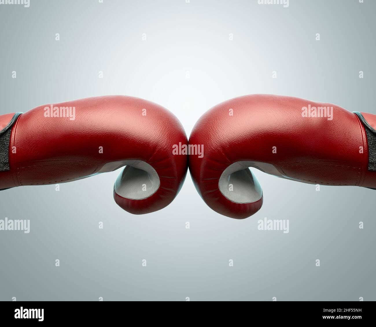 Un concetto che mostra due guanti da boxe opposti rossi e bianchi che toccano al centro di uno sfondo isolato - 3D rendering Foto Stock