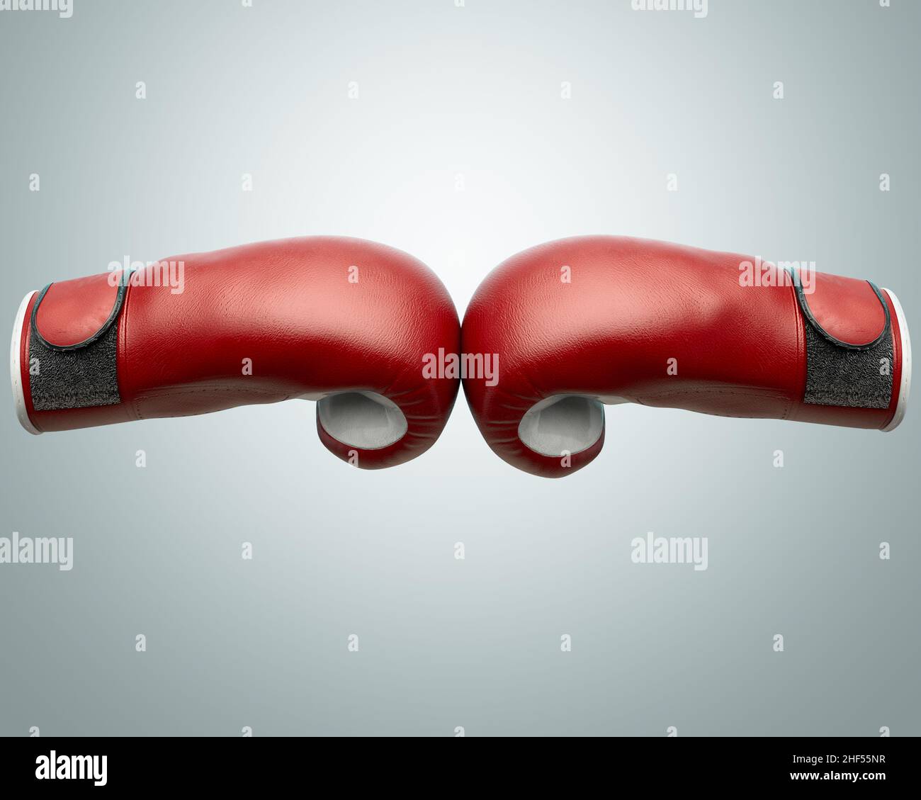 Un concetto che mostra due guanti da boxe opposti rossi e bianchi che toccano al centro di uno sfondo isolato - 3D rendering Foto Stock