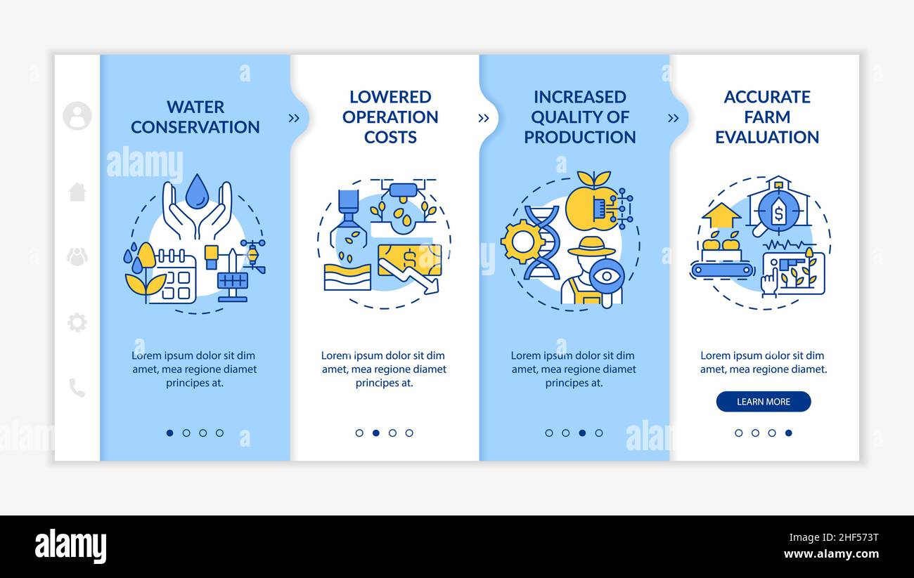 Modello di onboarding blu e bianco per i vantaggi dell'agricoltura intelligente Illustrazione Vettoriale