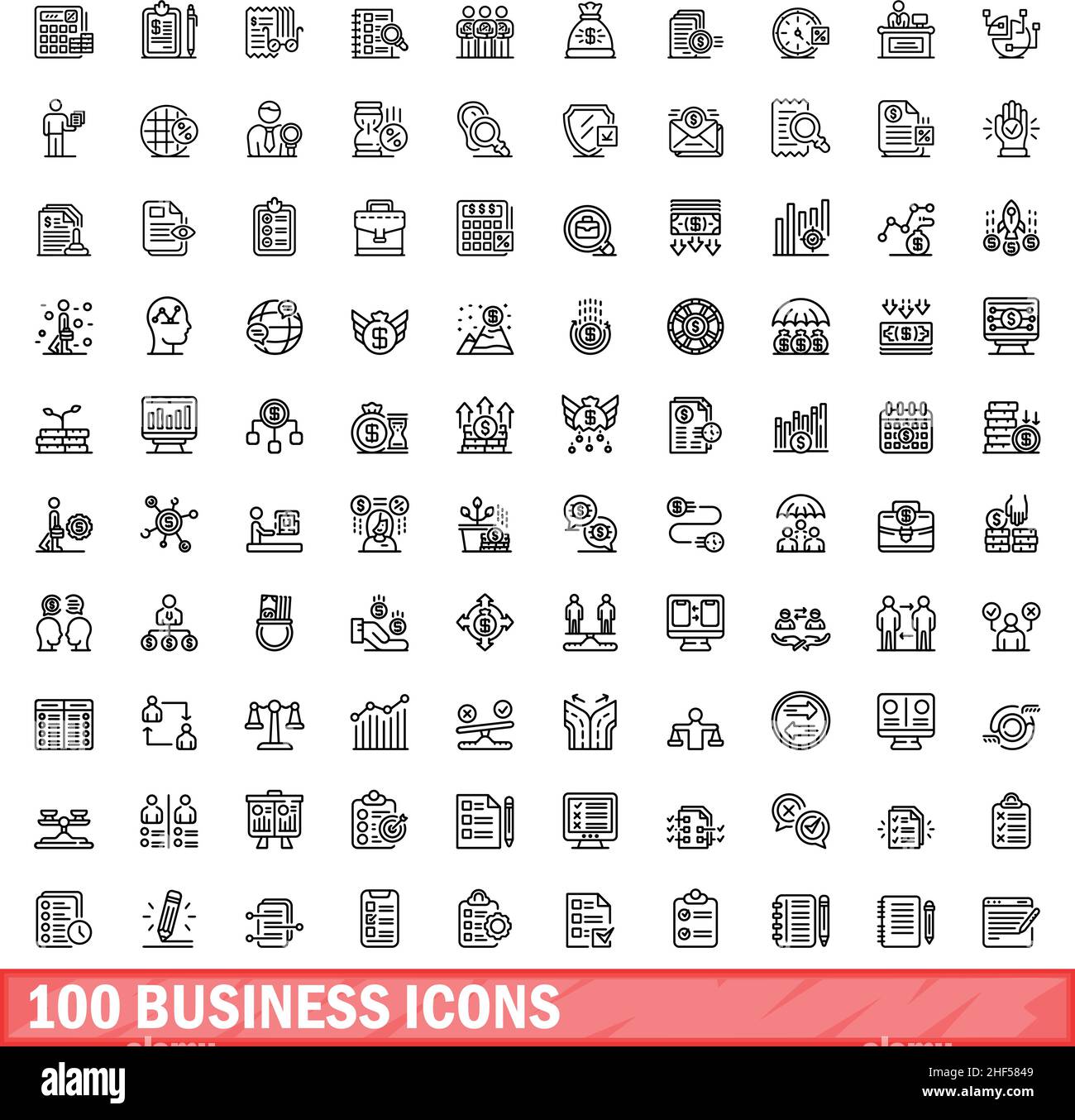 100 icone business impostate. Illustrazione di un vettore di 100 icone business isolato su sfondo bianco Illustrazione Vettoriale